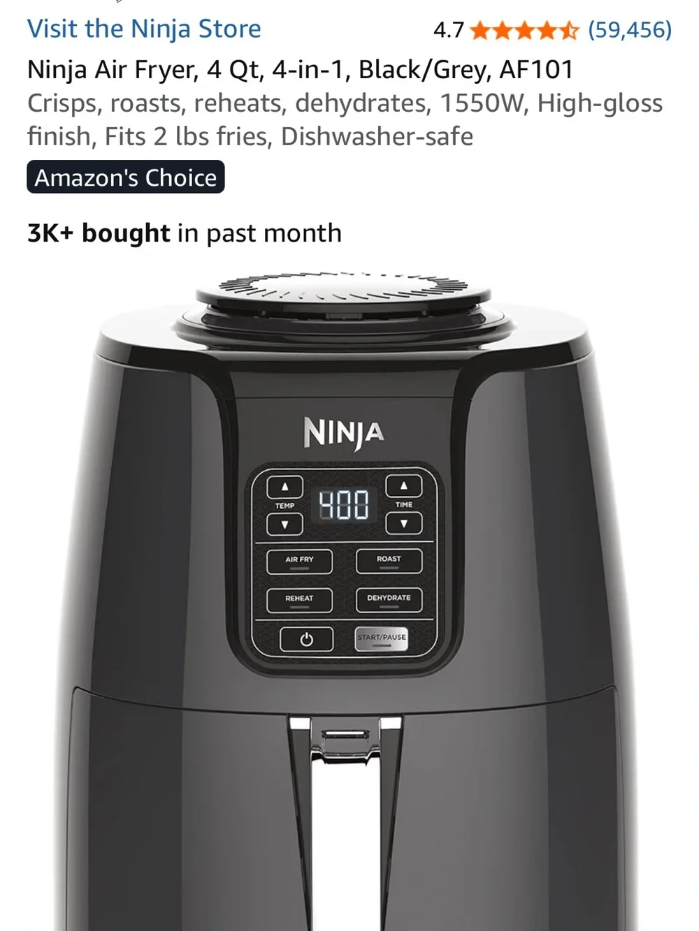 Ninja Black/Grey 4-Quart Air Fryer - Compact Multi-Function Cooker